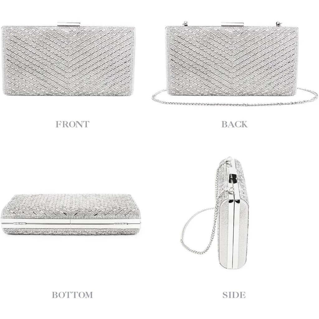 ⚡ Women's Sparkly Rhinestone Glitter Metal Clasp Chain Evening Silver Clutch Bag - Image 4