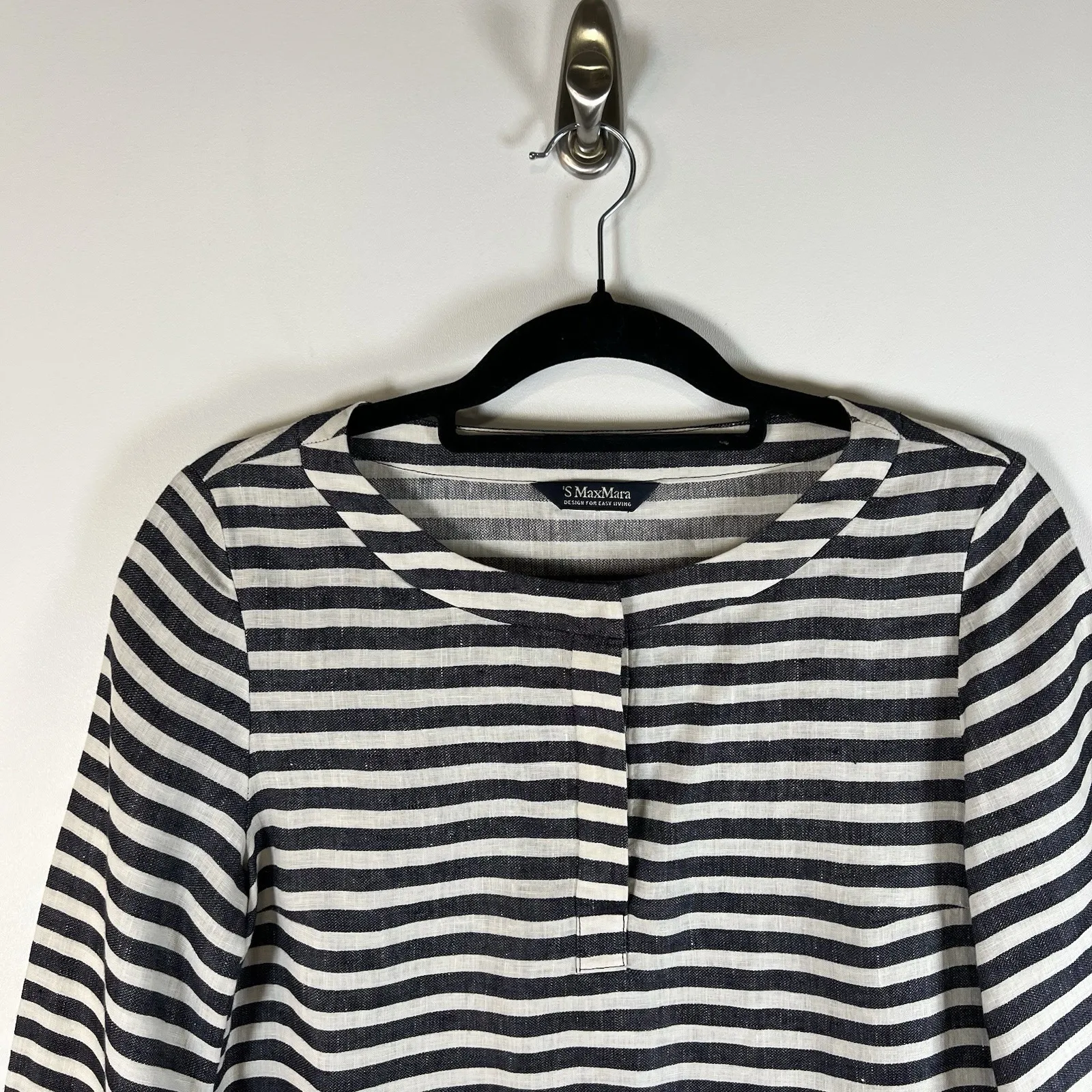 S Max Mara Striped Linen Top Tunic 3/4‎ Sleeve 1/4 Front Button Size Medium - Image 2