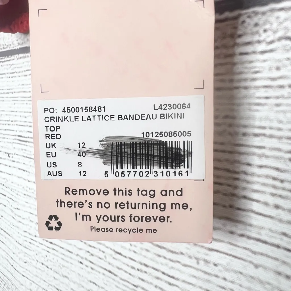 NWT Missguided Red Crinkle Lattice Textured Bandeau Bikini Top Size 8 Swim Beach - Image 8