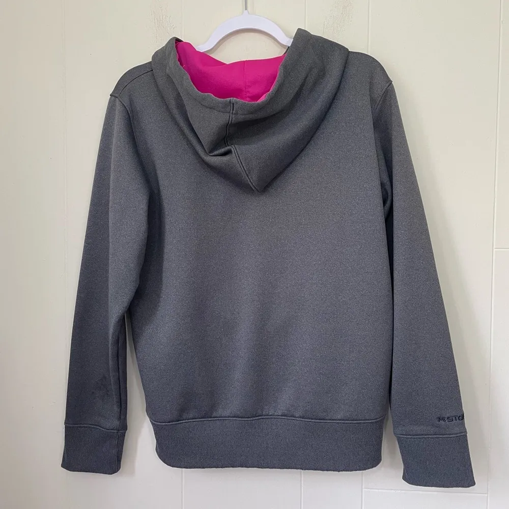 Under Armour Grey Pink Logo Hooded Long Sleeve Cold Gear Semi Fitted Top ~ Sz M - Image 2