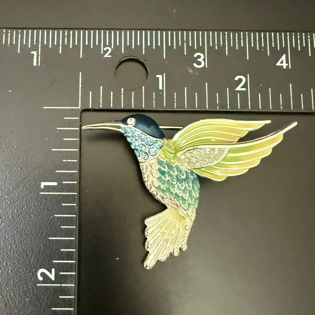 NAPIER Enameled Bejeweled Hummingbird Brooch 12.1g. Green - Image 8