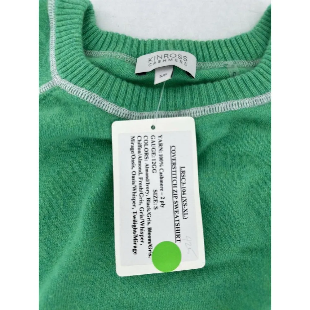 Kinross Cashmere Sweater Sz S 2 Ply Coverstitch Zip Sweatshirt Green Preppy $425 - Image 8