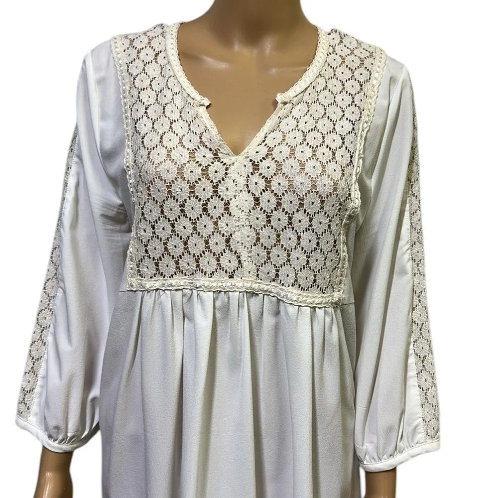 Pink Paparatzi Cream Lace Chest and Sleeve Accent 3 Quarter Sleeve Dress Large White - Image 2
