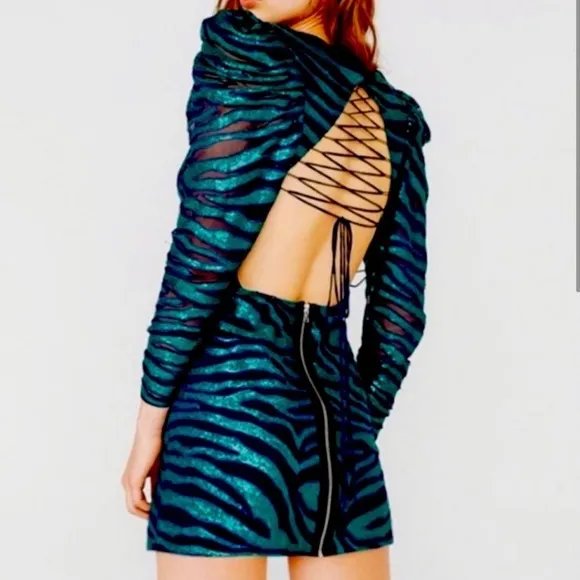 For Love and Lemons RARE Metallic Lace Up Tiger Mini Dress NWT Emerald Sequin - Image 8