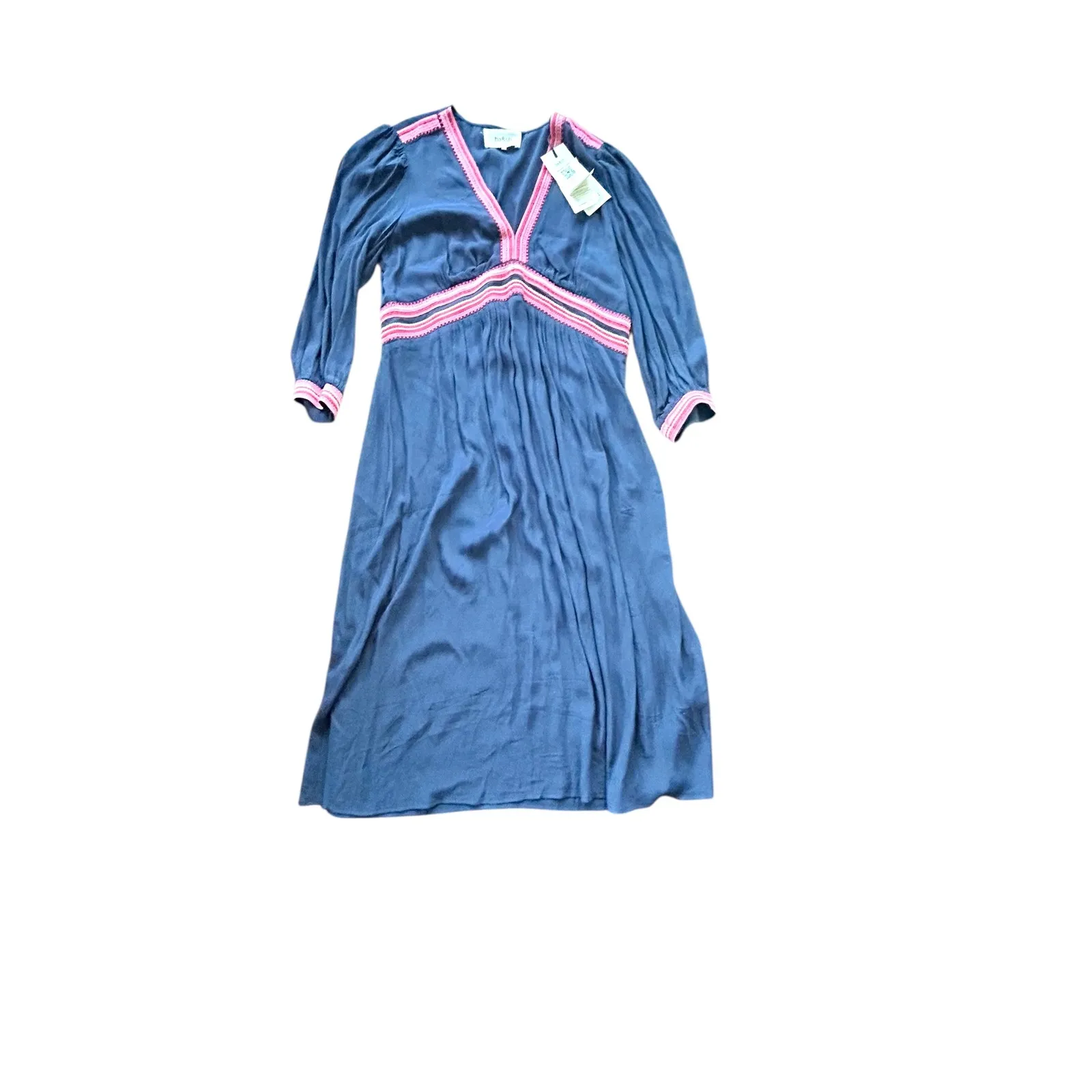 Ba&sh Robe Tanina Navy Blue Embroidered V-Neck Midi Dress NWT - Image 3