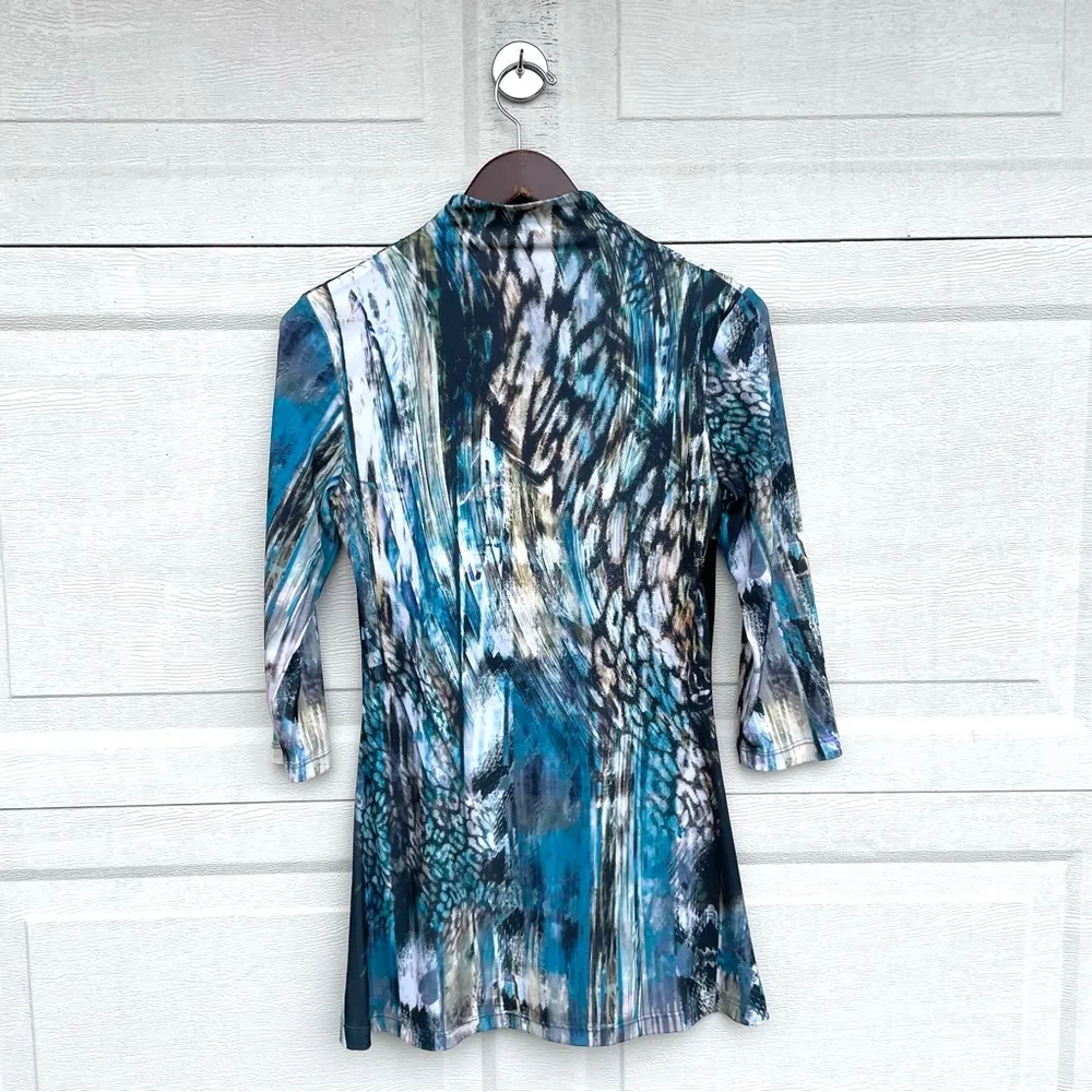 Boho Chic Women’s Shirt Blouse Blue Mixed Print Color Block Stretch Small - Image 3