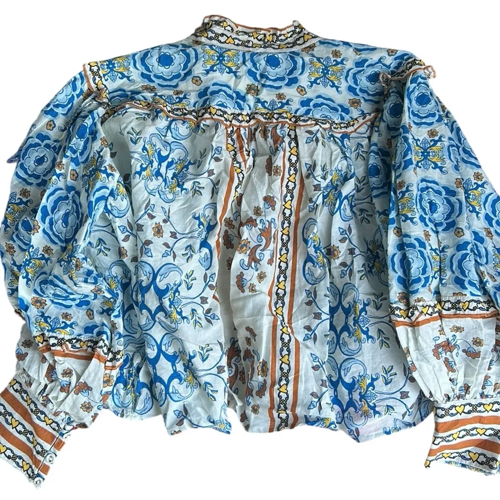 Carolina K. Celestial tiles cream Floral Blue and White Women's Top size XS A - Image 7