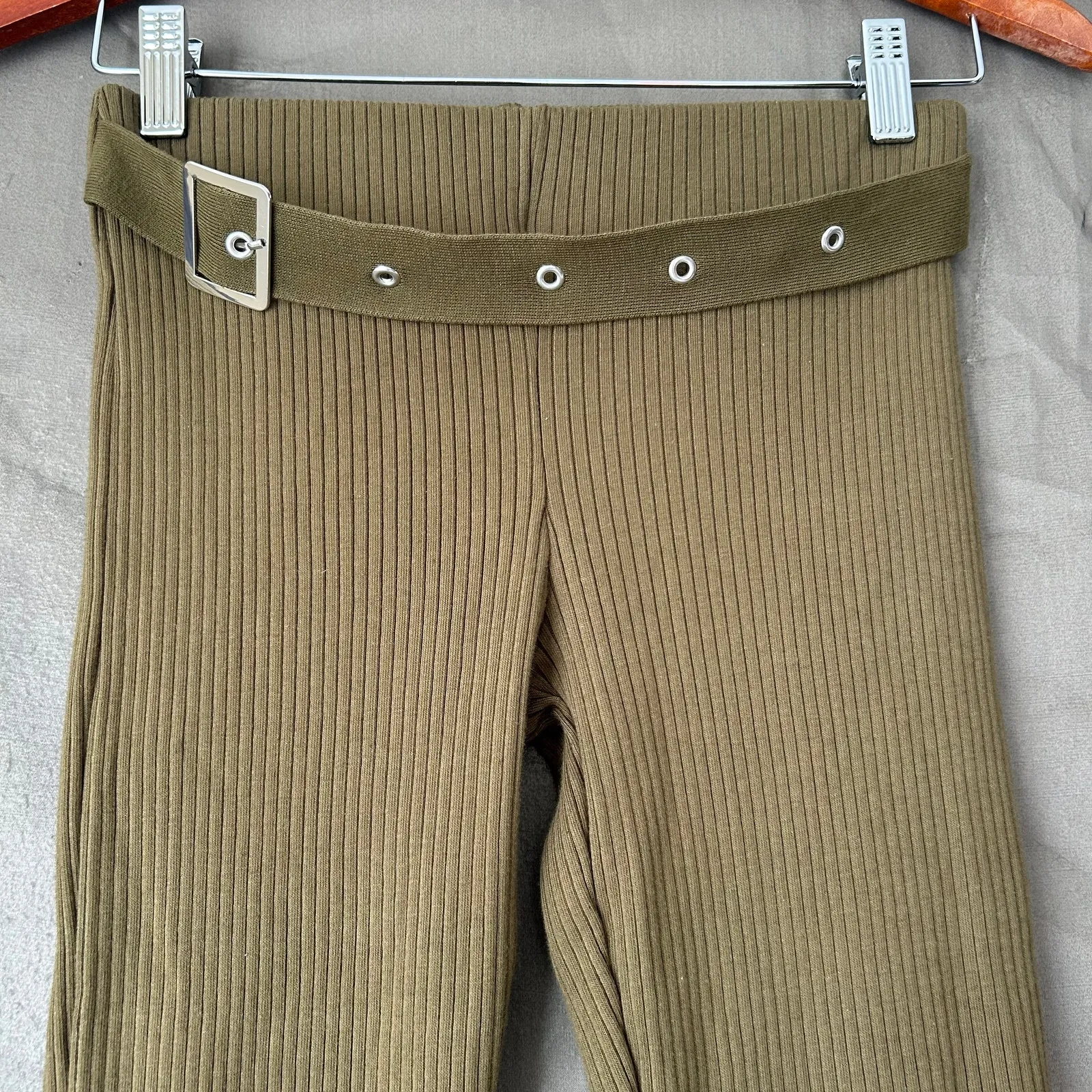 Zara Olive Green Ribbed Boot Cut Pants with Attached Waist Buckle Detail Size M - Image 2