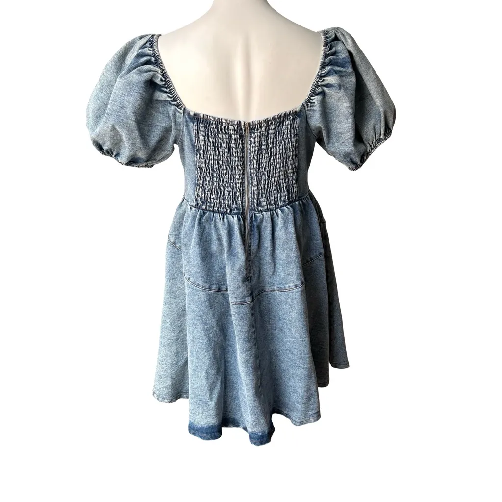 NWT, GeeGee Morgan Puff Sleeve Denim Mini Dress Smocked Babydoll, Sz Lg - Image 3
