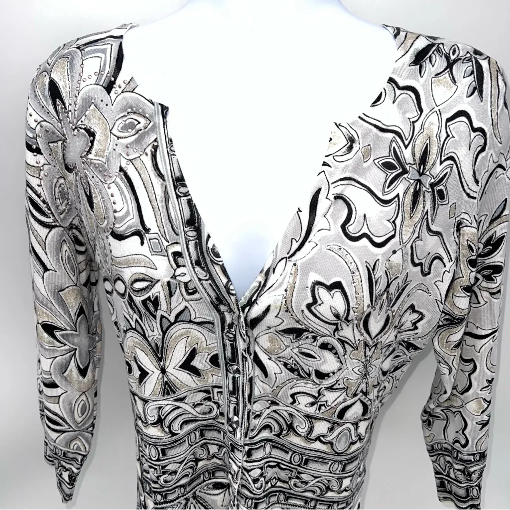 White House Black Market Black/Gray/Light Gold on White Floral Cardigan—Size XS - Image 2
