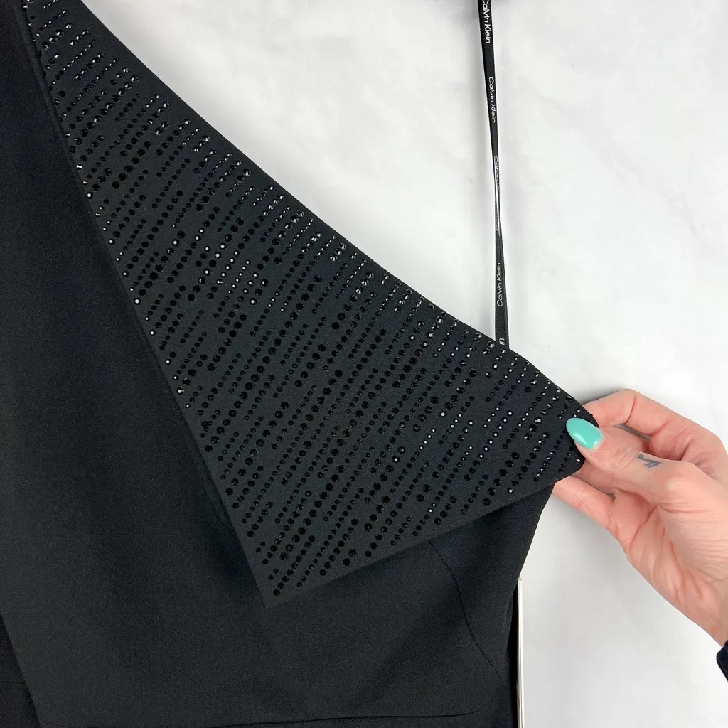 NWT Calvin Klein One Shoulder Embellished Sheath Knee Length Dress Glam Black 12 - Image 4