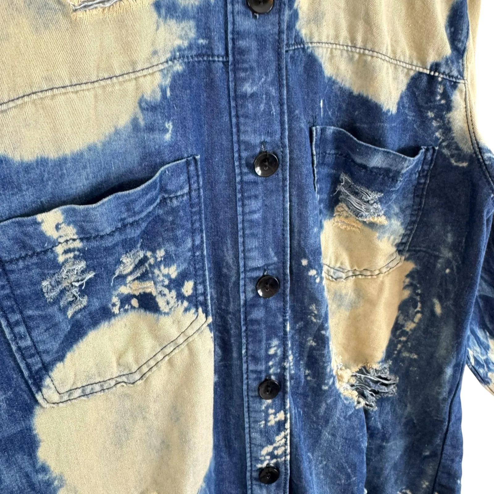 Thrill Jeans Cotton Destroyed Bleached Button Up Jean Shirt Large Blue Size XS - Image 3