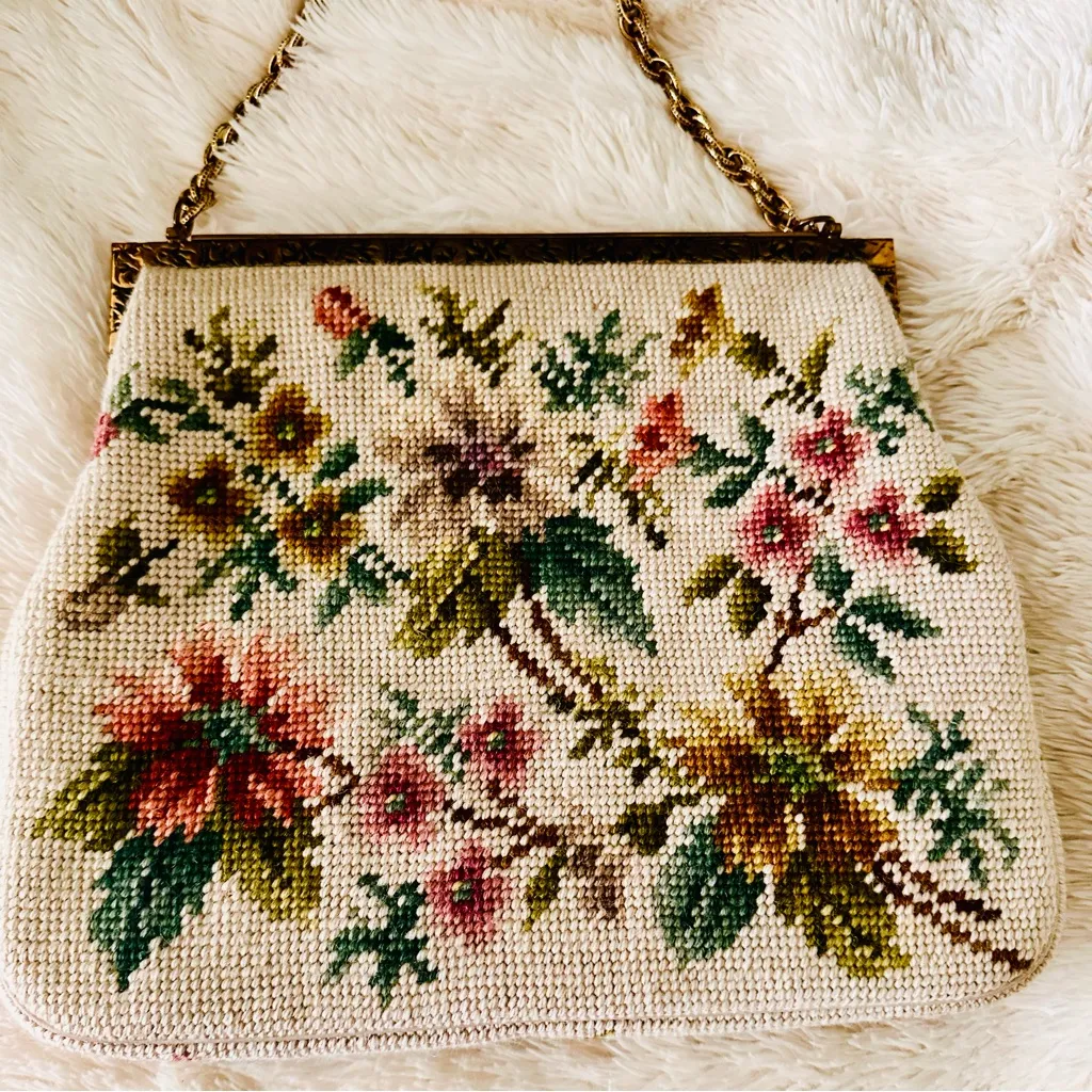 Vintage Beaded Needlepoint Handbag Gold - Image 5
