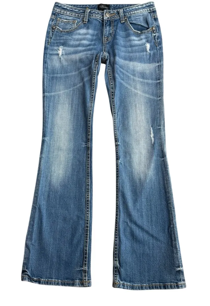 Vintage Rerock Express Size 6 Low Rise Bootcut Flare Jeans Y2K Design Pockets Blue - Image 1