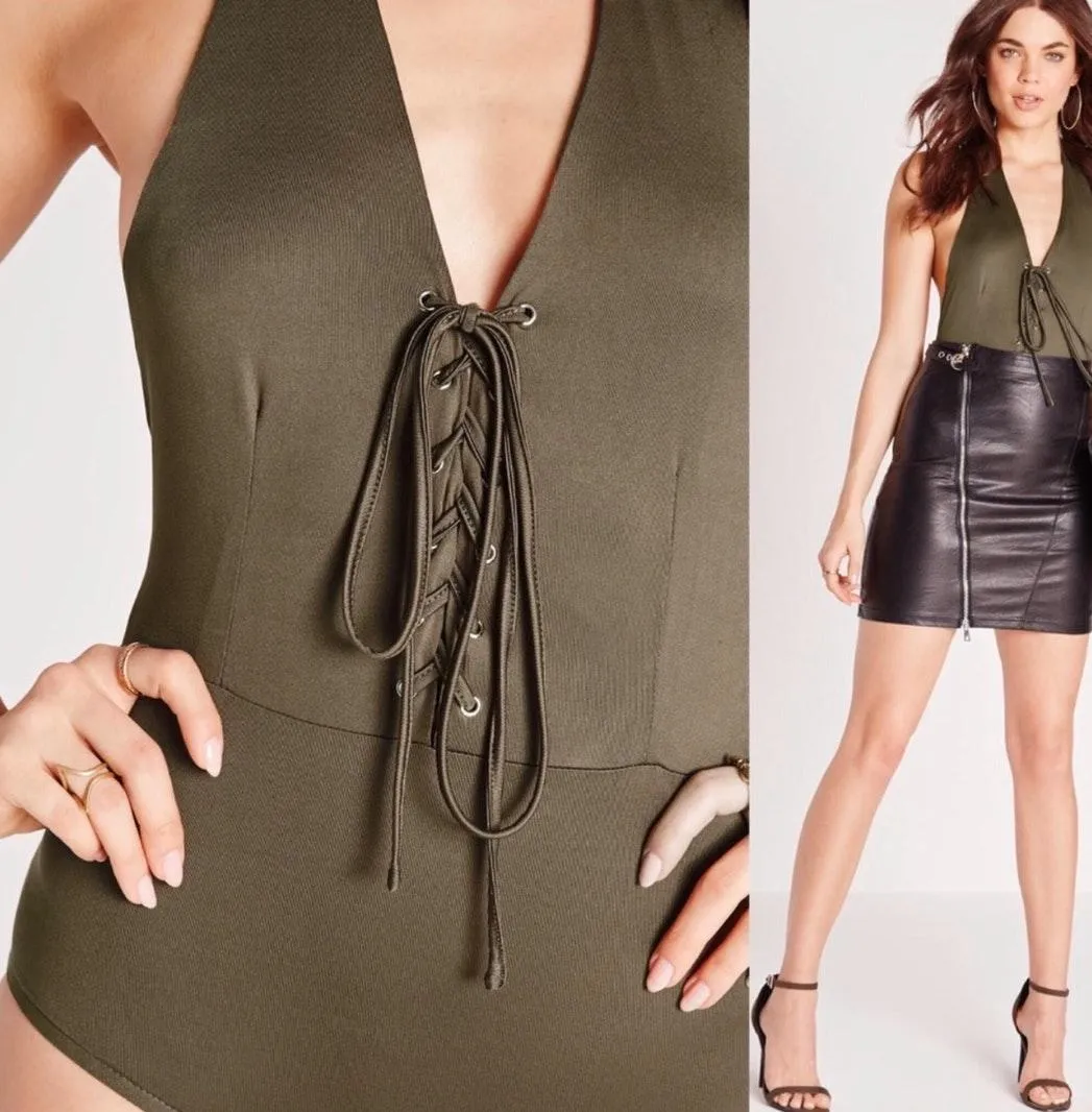 Olive Green Lace Up Halter Bodysuit - Image 8