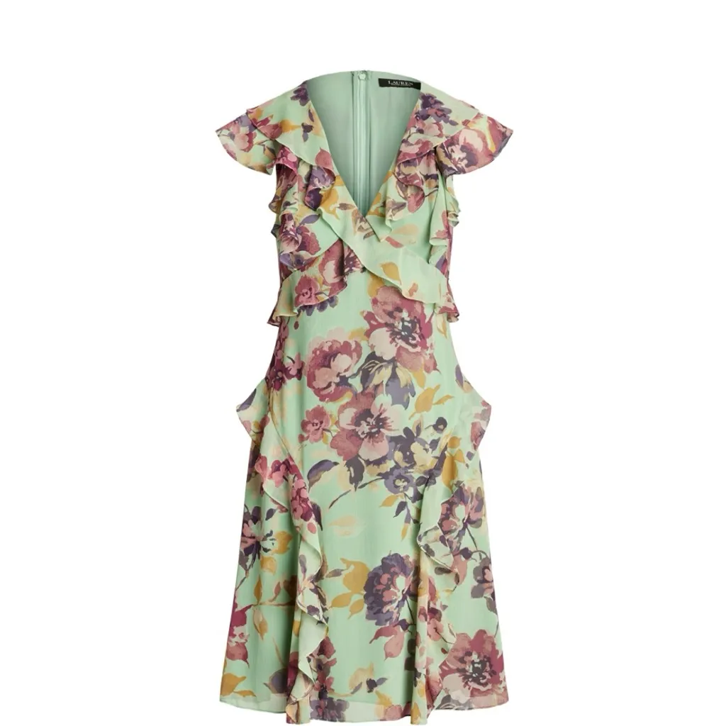 Lauren Ralph‎ Lauren Floral Ruffle Trim Georgette Dress Lined A Line Size 4 NWT Tan - Image 2