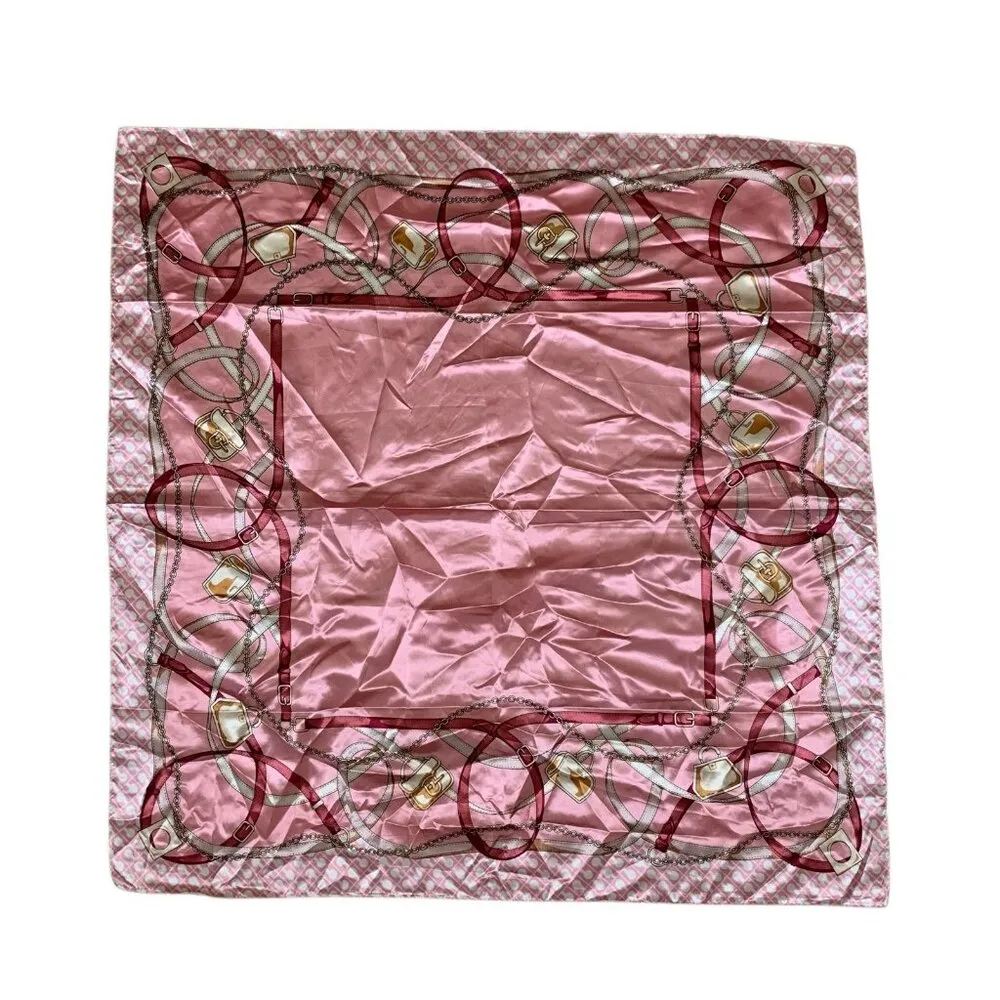 Corciova Pink Satin Silk Feel‎ Square Scarf Chain Belt Equestrian Print 35x35 - Image 2