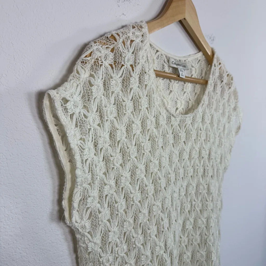 Coldwater Creek Women’s Open Knit Crochet Top Ivory/Tan Size M - Image 3