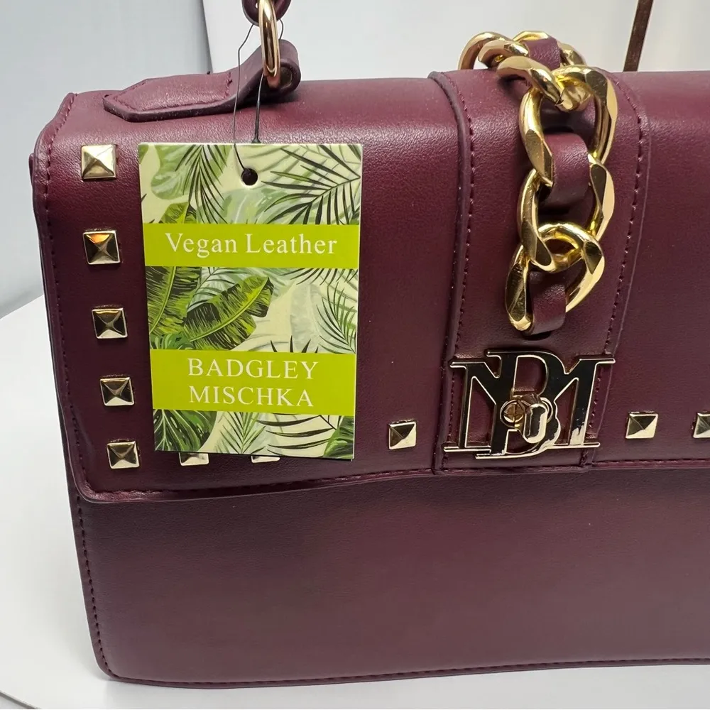 Badgley Mischka Purse Plain Grain Crossbody Big Chain Stud Lock Plum - MSRP $149 - Image 3