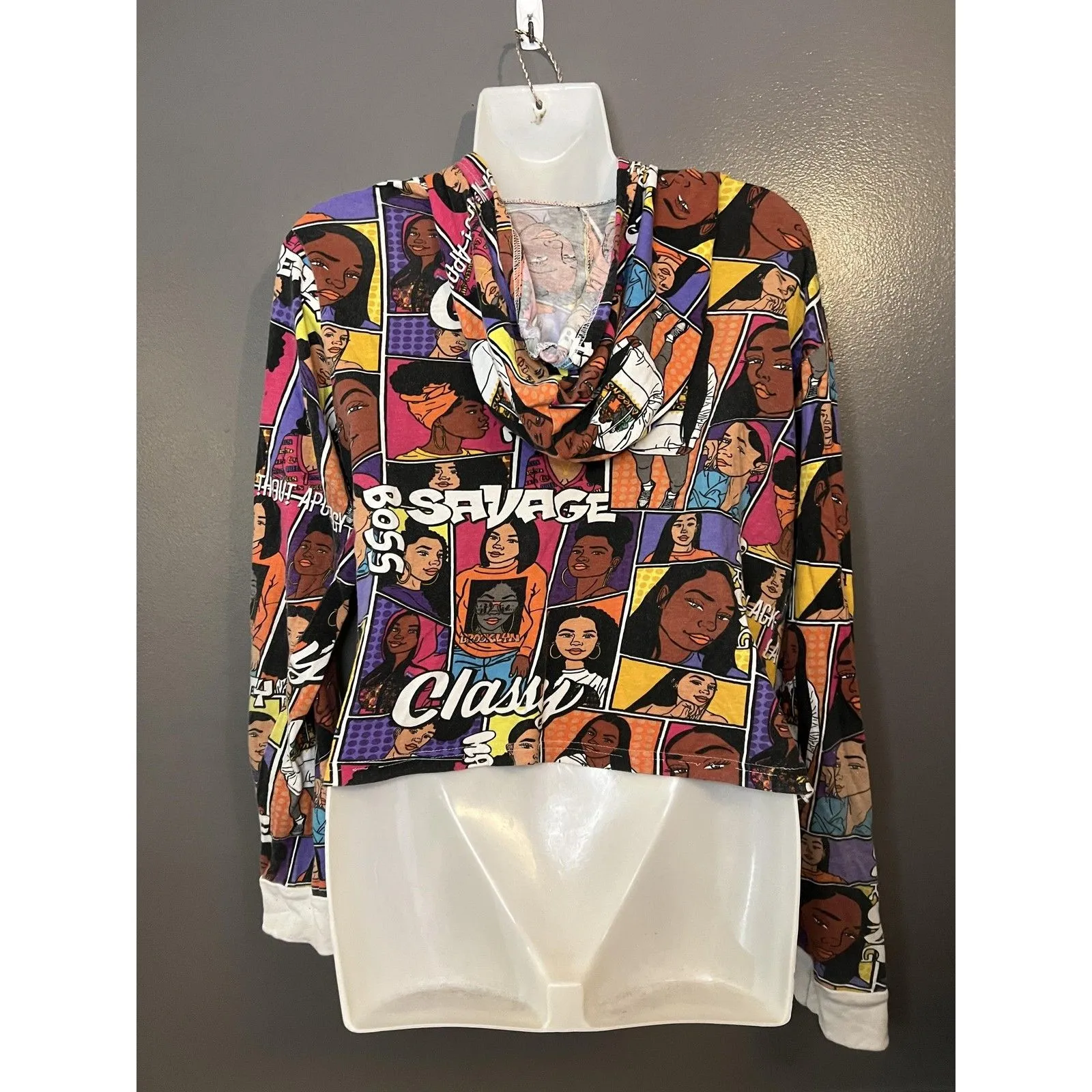 On Fire Hoodie Sweatshirt Womens XL Multicolor Comic Graphic Patchwork Crop - Image 6