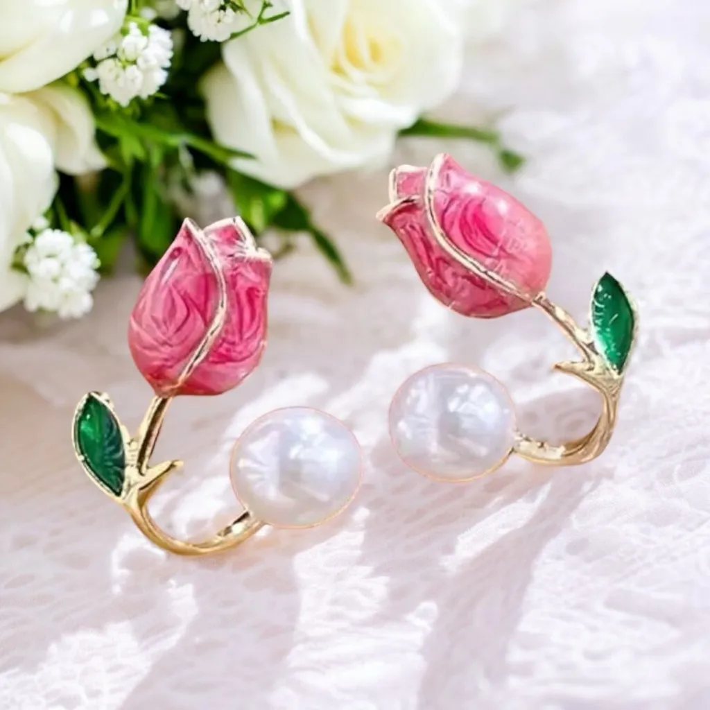 Stunning One Pair‎ of Gold Plated Elegant Pink Rose Bead Ear Studs Earrings - Image 8