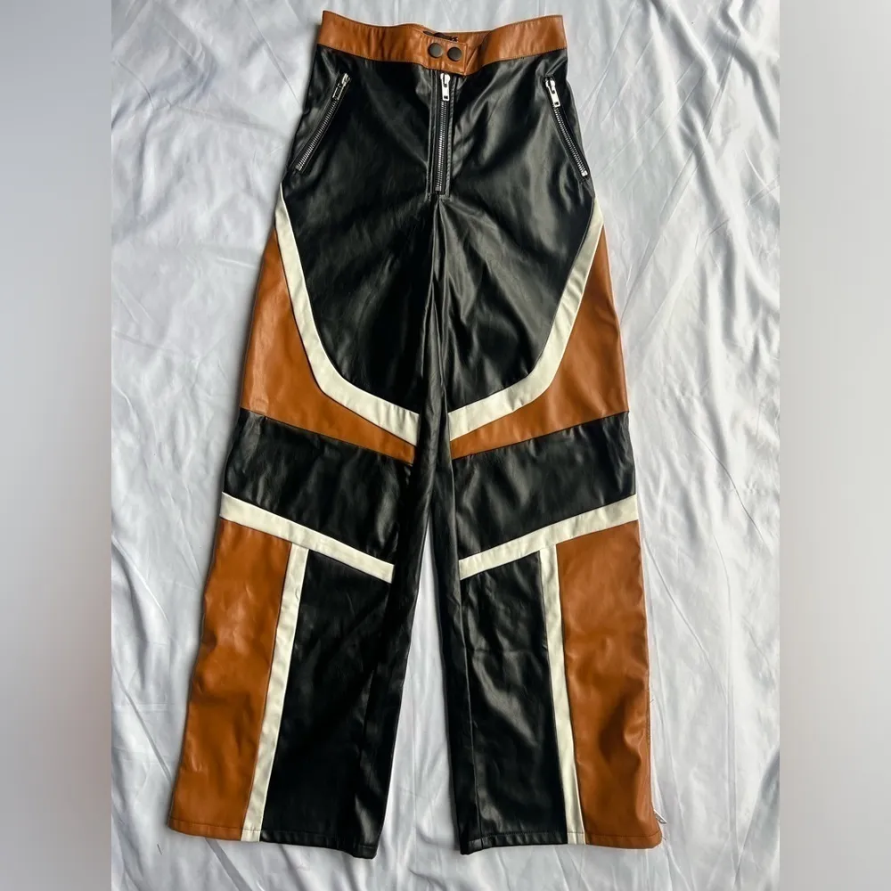 PrettyLittleThing Black Brown PU Faux Leather Panel Wide Leg Pants 0 - Image 3