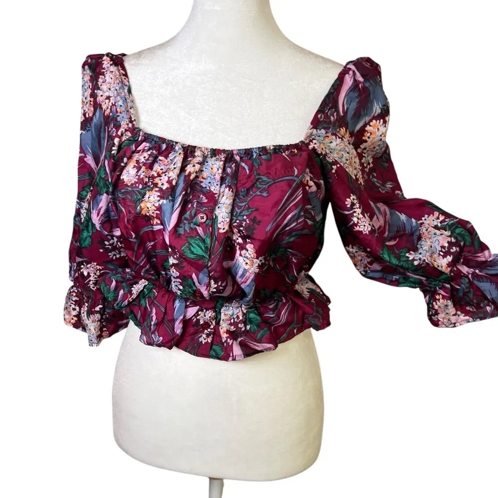 REFORMATION Floral Peplum Top Buttons Cottage Milkmaid Square Neck Crop Size S/M - Image 2