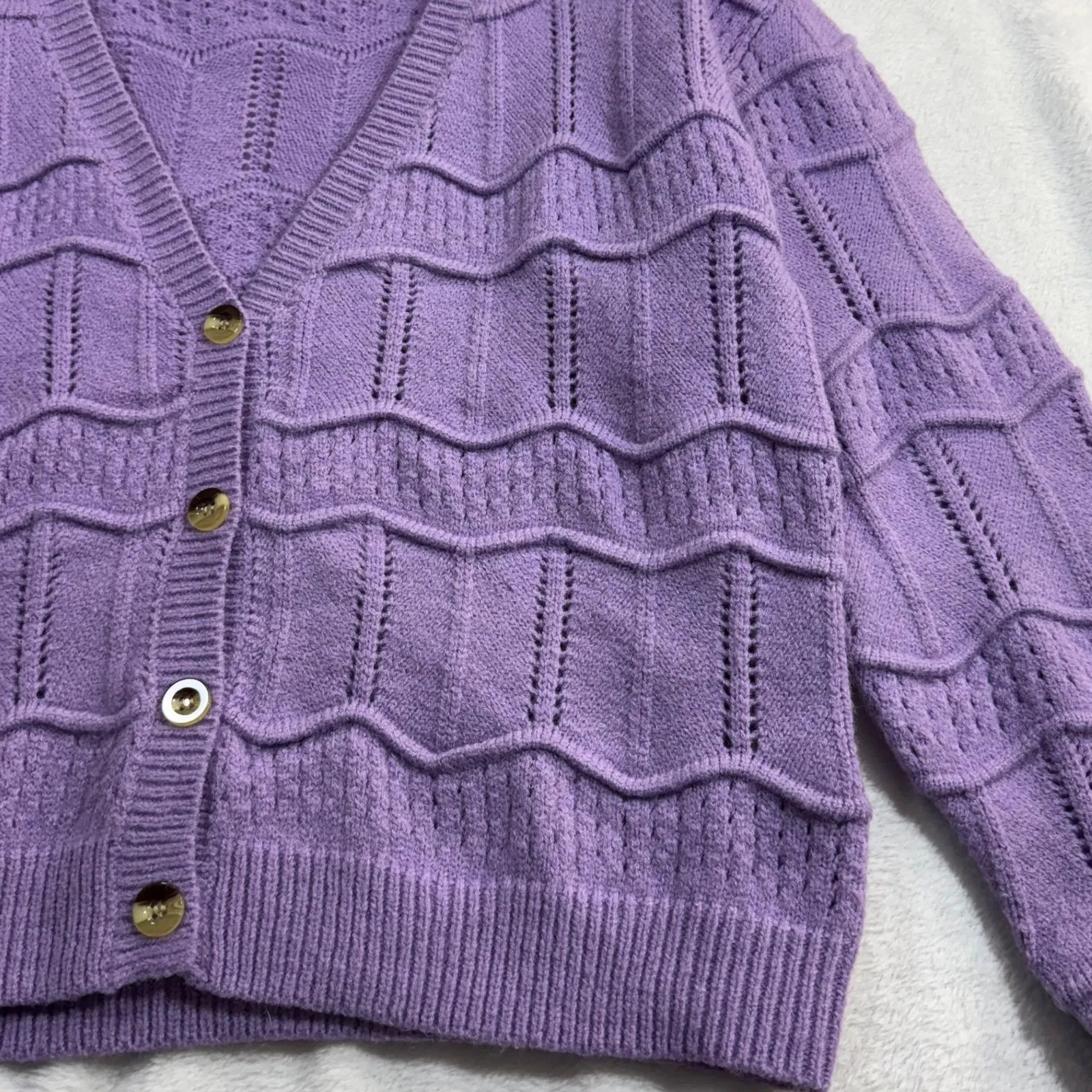 Belldini L Pastel Lilac Purple Cardigan Lavender Soft Knit Cozy Retro Cottage Size L - Image 3