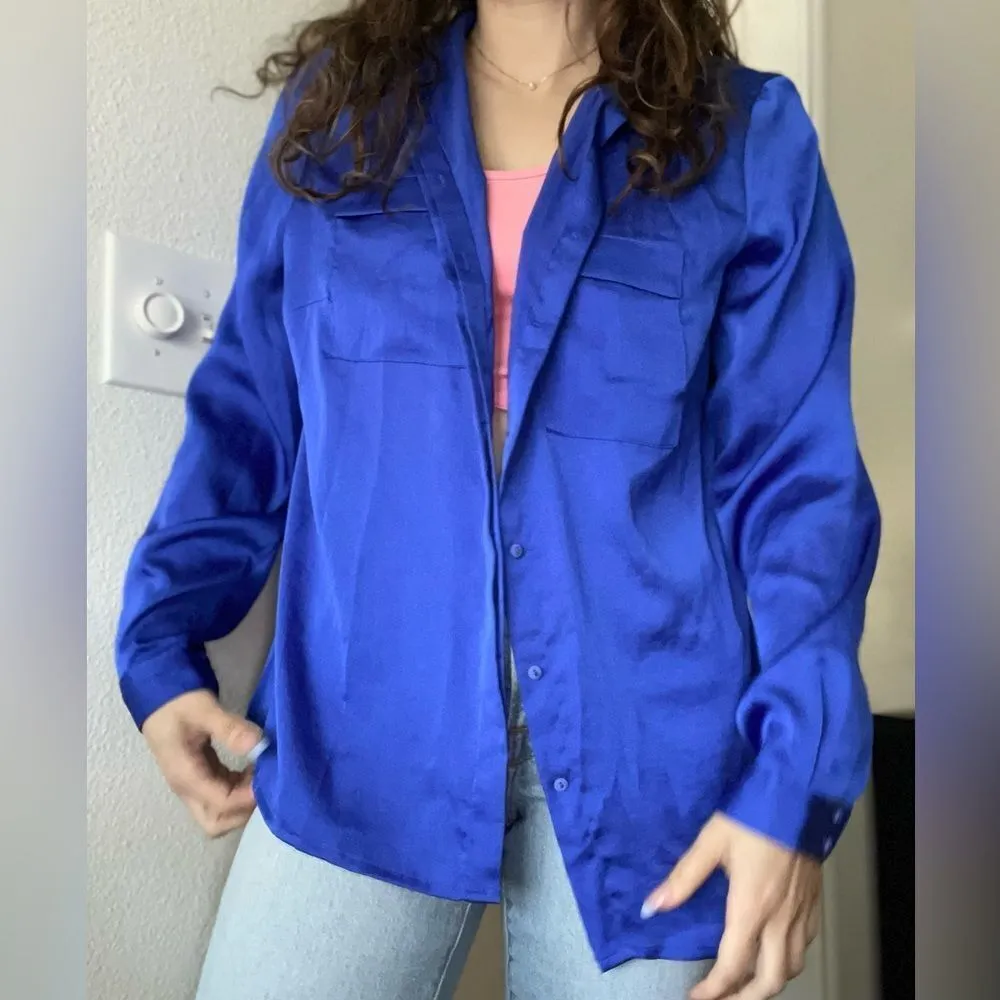 MANGO Satin Button‎ Down Blouse Top Size XXL Cobalt Blue Pockets - Image 4