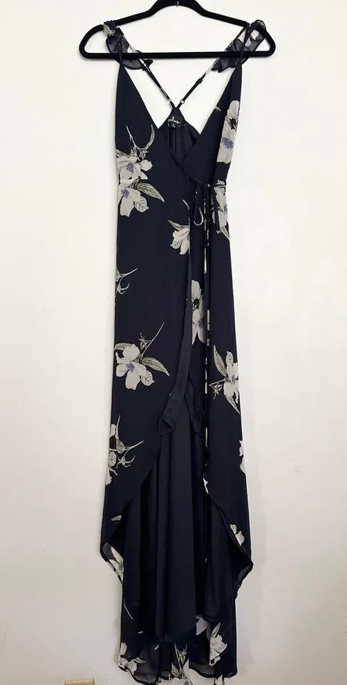 Lulu’s All Mine Navy Blue Floral Print High-Low Slit Wrap Maxi Dress - Image 3