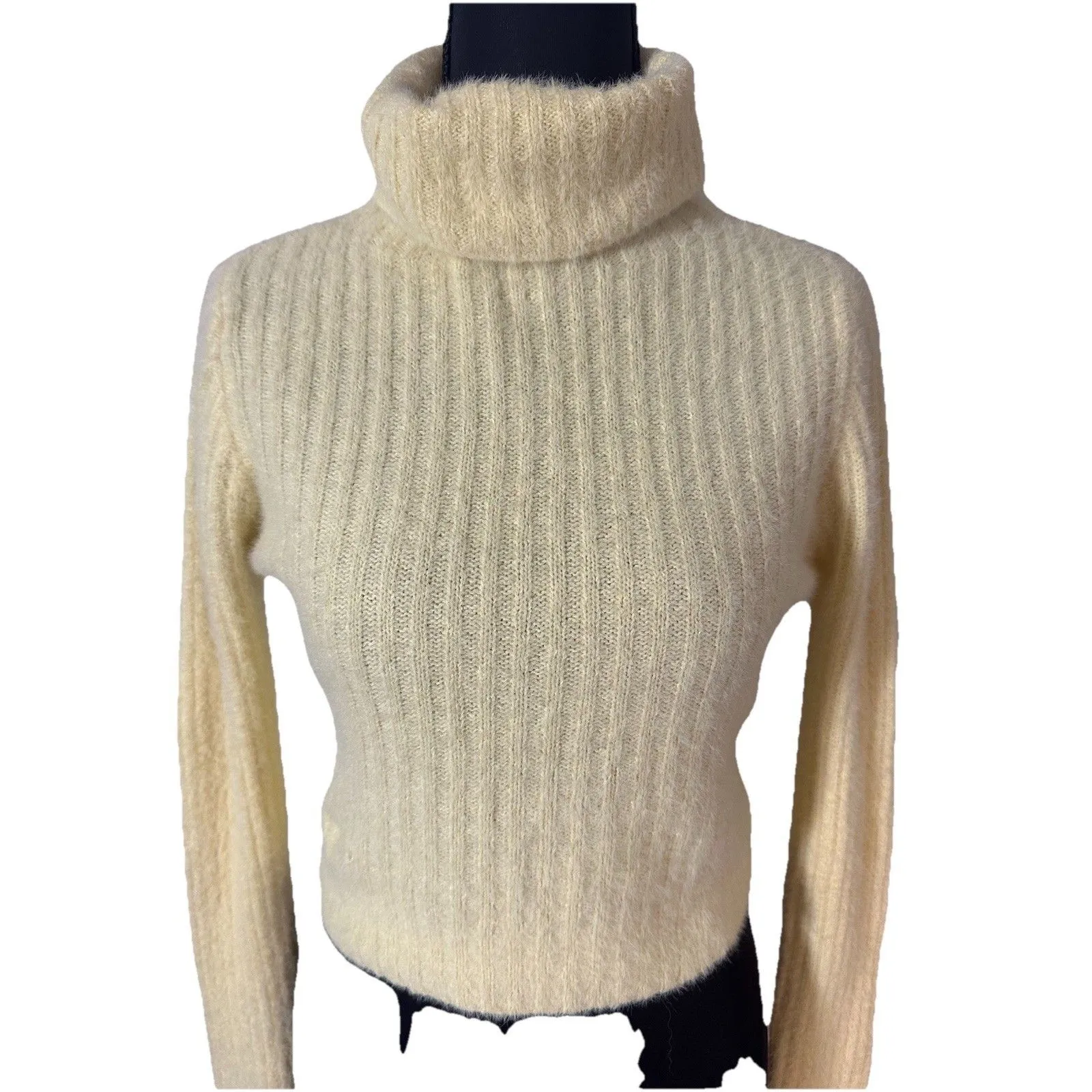 Soft Fuzzy Ribbed Turtleneck Sweater Yellow Long Sleeve Stretch Knit Womans Sz M - Image 4