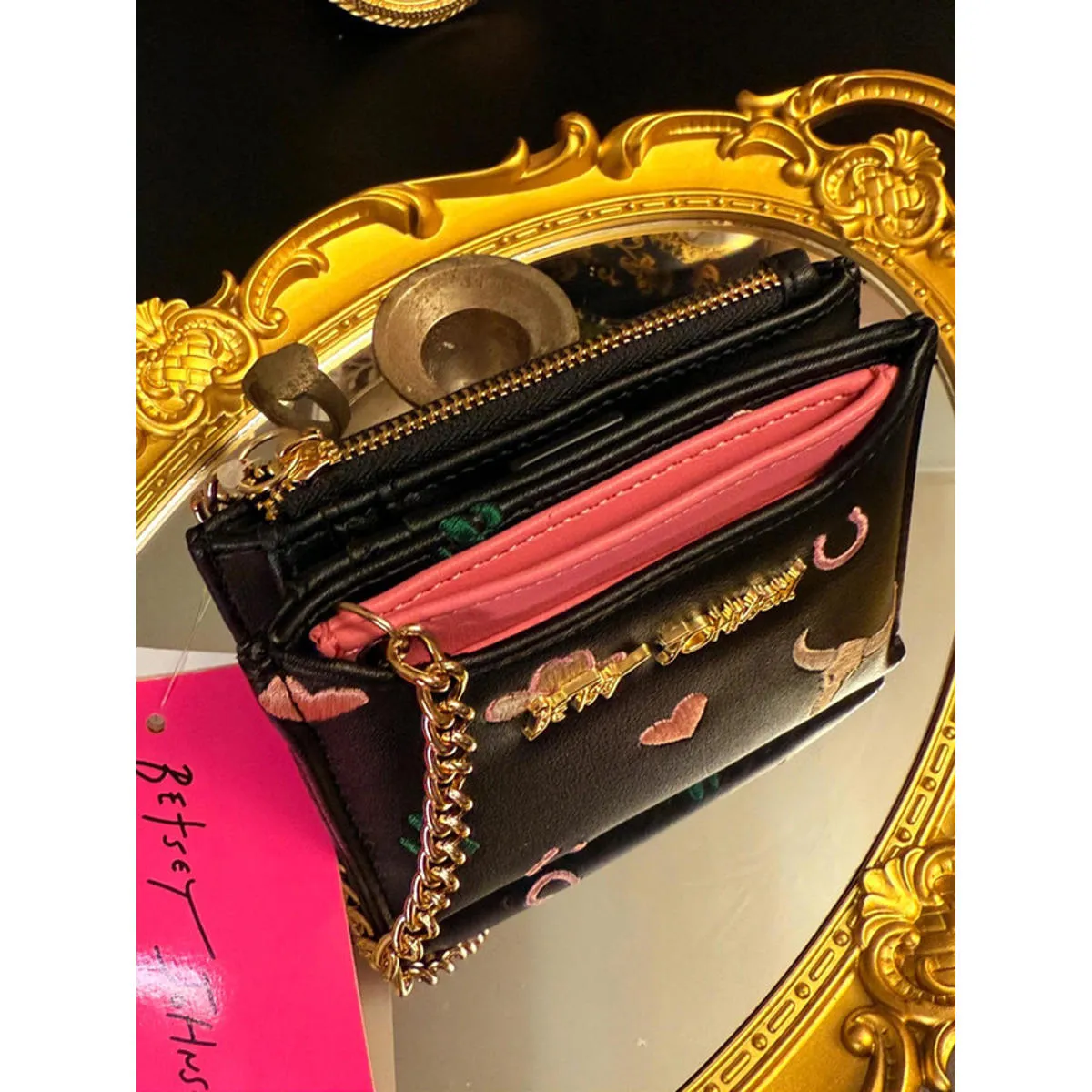 Betsey Johnson Black Zip Wallet Coin Pouch Gold Chain Heart Print NWT - Image 2