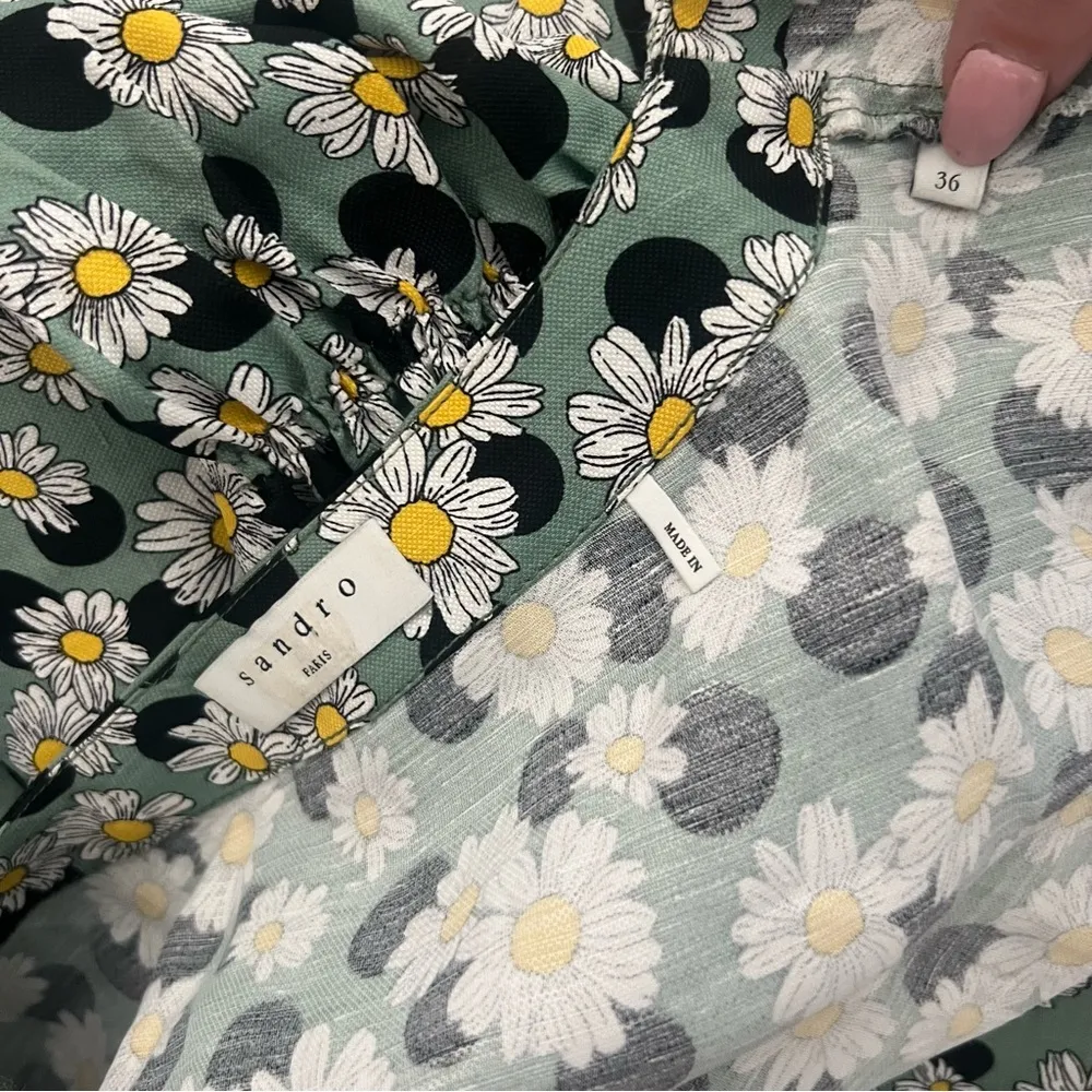 Angele Floral Print Polka Dot Linen Mini Dress Sage Green - Image 9