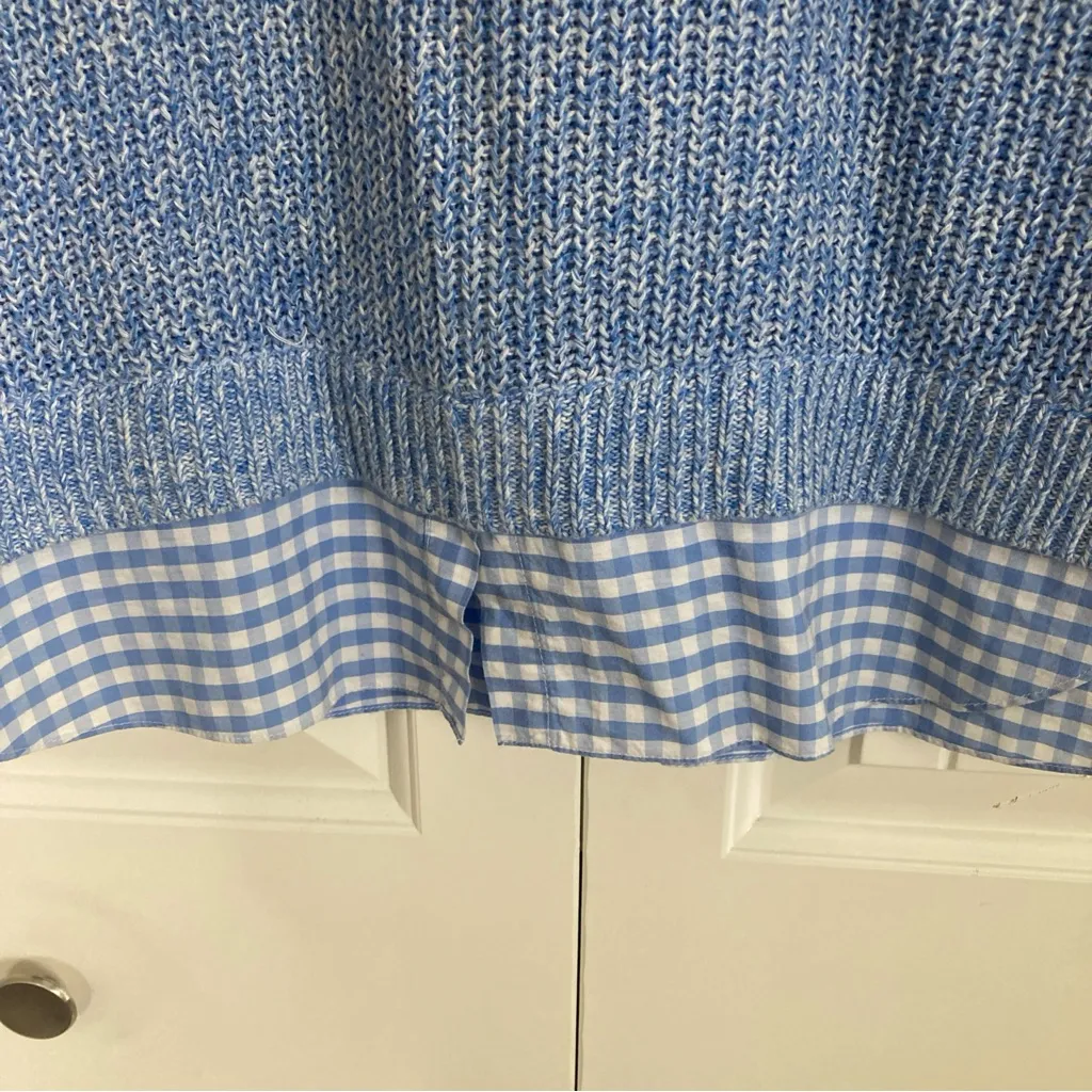 Talbots Sweater S Blue Pima Cotton Pullover Layered Gingham Trim - Image 5