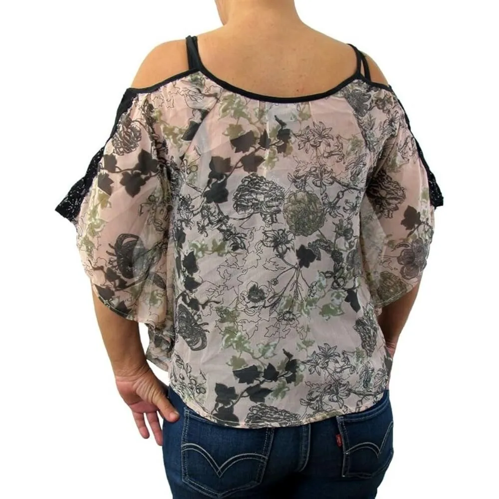 Angie‎ Clothing Blush Georgette Cold Shoulder Floral Sheer Blouse - M - Image 5