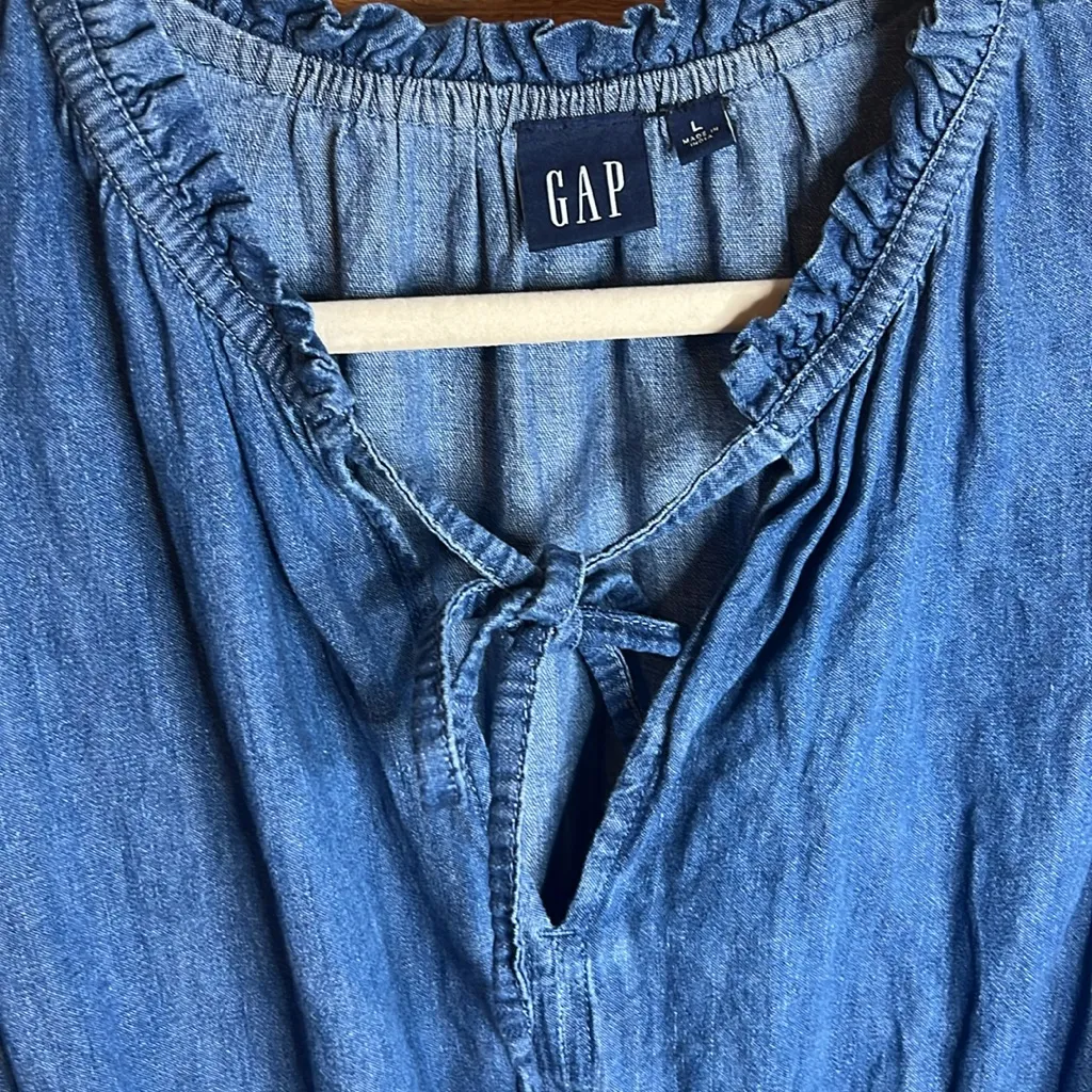 Gap Organic Cotton Denim Puff Sleeve Midi Dress Washwell Prairie Stretch Waist - Image 5