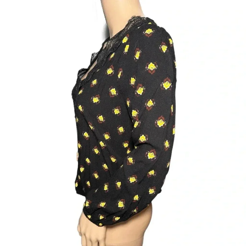 EXPRESS Floral Blouse Long Sleeve V-Neck Top Black Lace Women’s Sz Small - Image 5