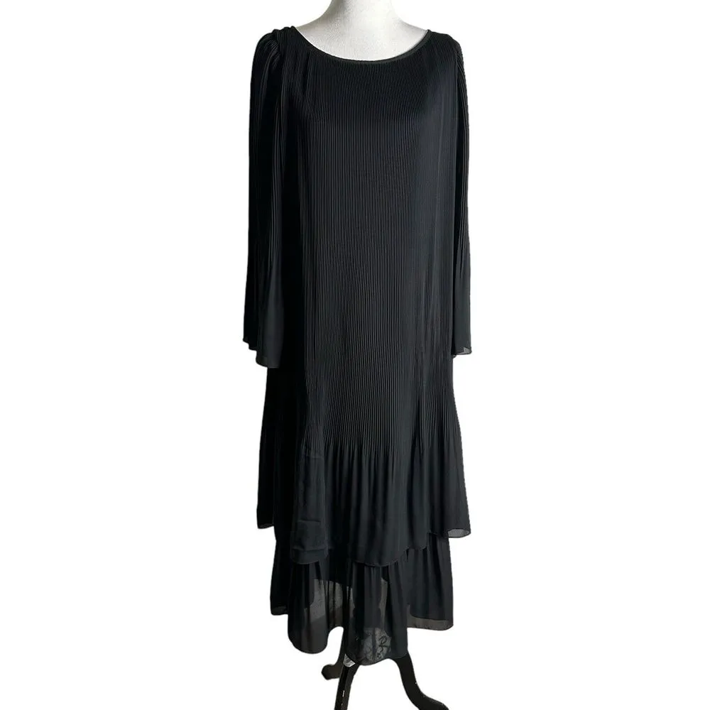 Adrienne Vittadini Black Tiered Midi Dress Pleated Bell Sleeves‎ Size 10 Ribbed - Image 15