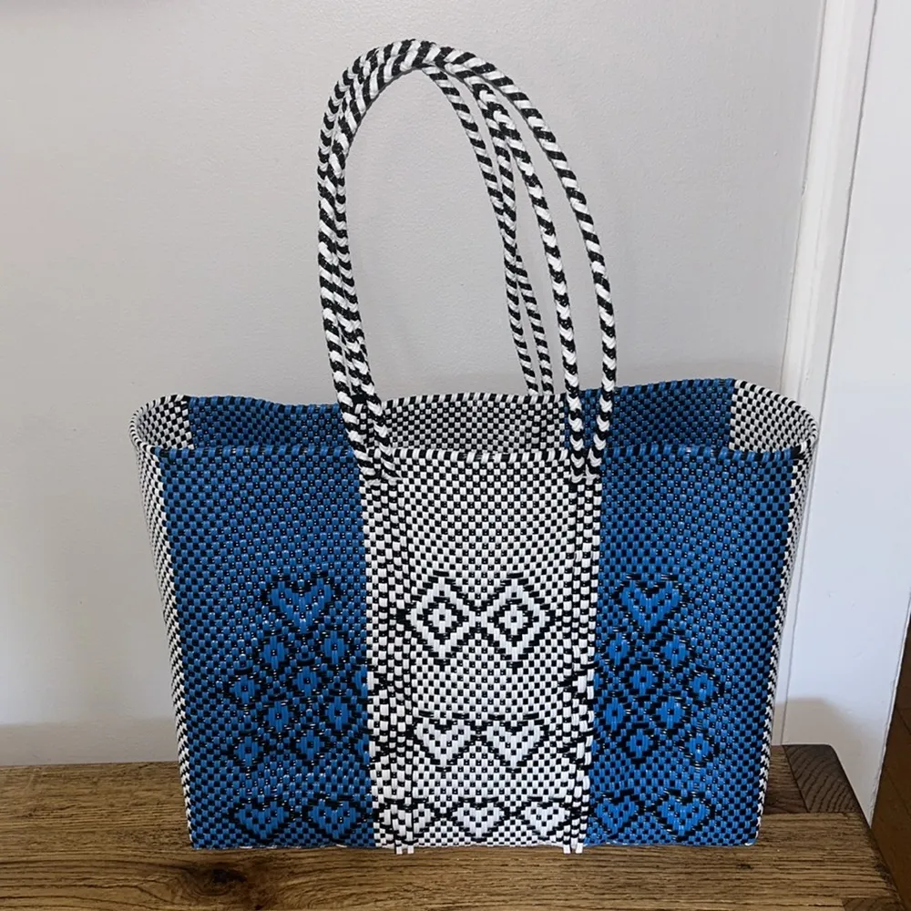 Oaxacan waterproof Beach tote basket blue/white/black Blue - Image 7