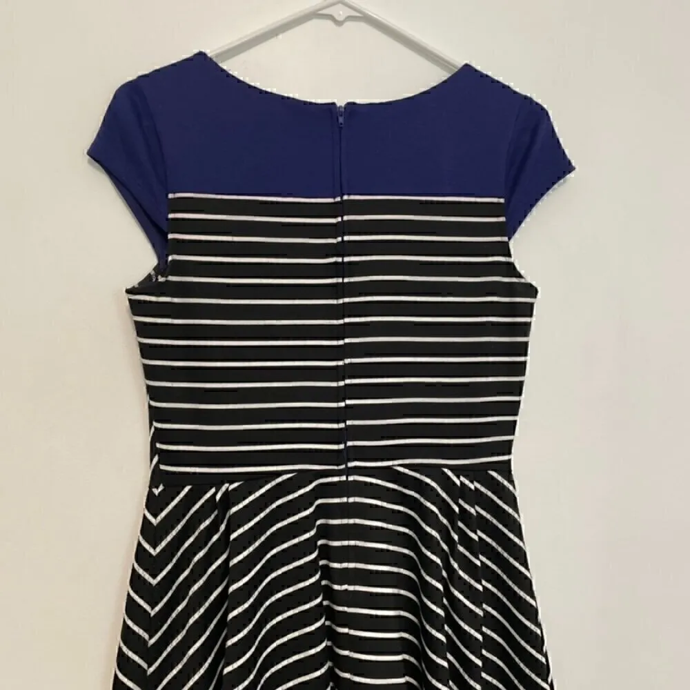 BCX Black White Indigo Colorblock Striped Cap Sleeve Fit & Flare Dress JUNIORS 7 - Image 10