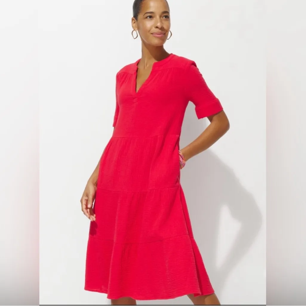 Chico’s 4 XXL NEW Tiered Roll Cotton Gauze Midi Dress Red Resort Holiday Relaxed - Image 2