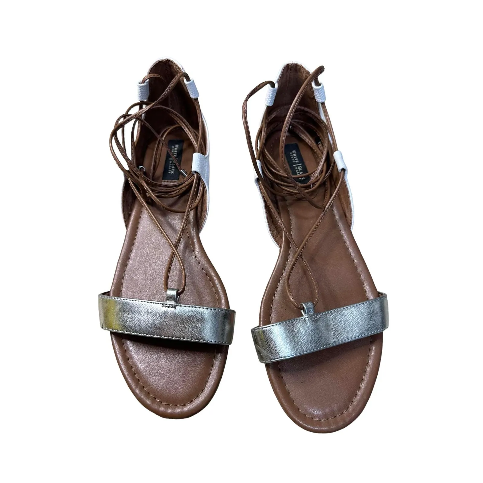 White House Black‎ Market White Silver Lace Up Open Toe Strappy Flats Size 7.5 - Image 3