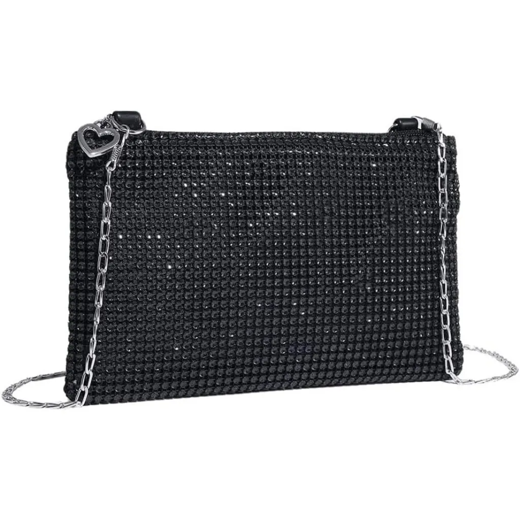 ⚡ Women's Mini Black Shiny Glitter Rhinestone Square Sparkle Evening Clutch Bag - Image 2