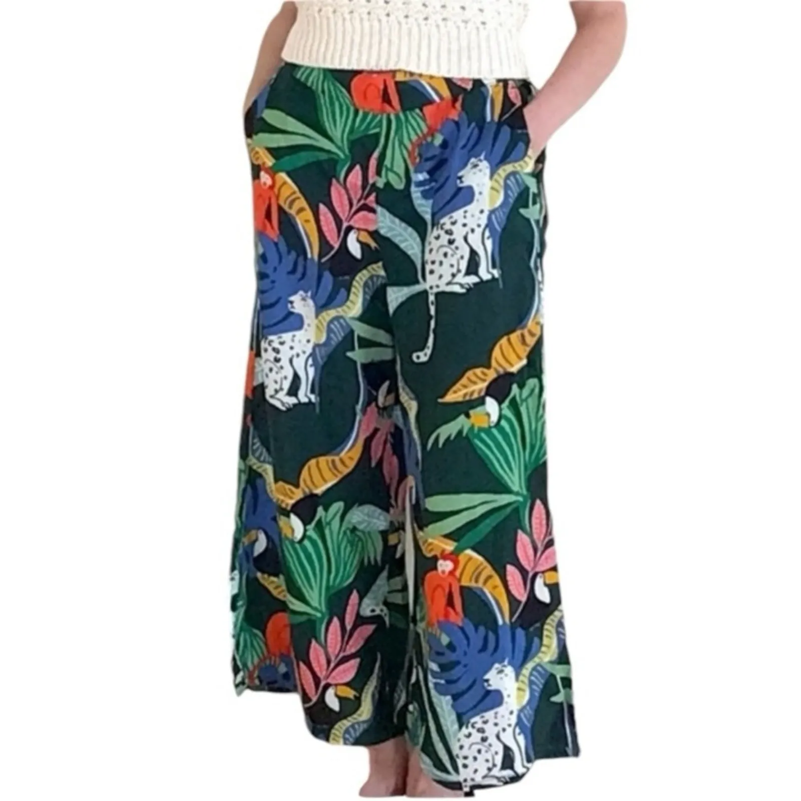 Christian Siriano NWT Linen Wide Leg Tropical Pants Small Luxury Resort Wear Blue - Image 14