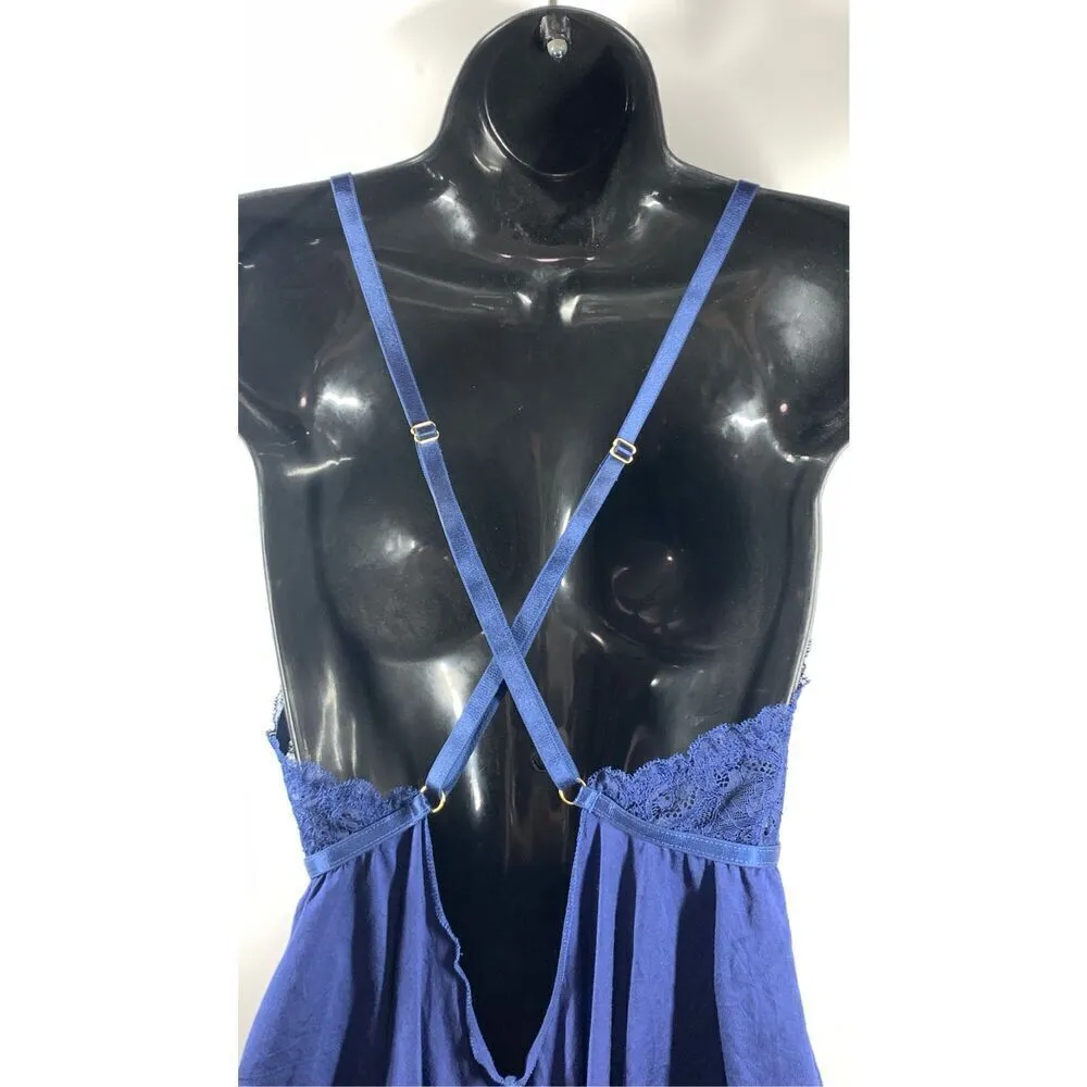Yandy Women's Lace Plunge Adjustable Strap Romper Negligee Blue Size L/XL - Image 3