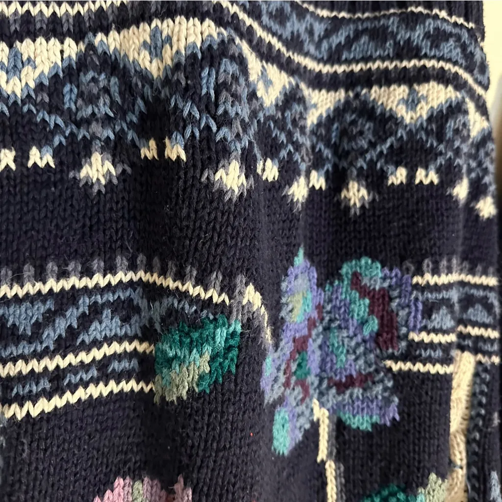 Vintage Floral Chunky Knit Cotton Blend Romantic Winter Sweater Womens Medium Blue - Image 2