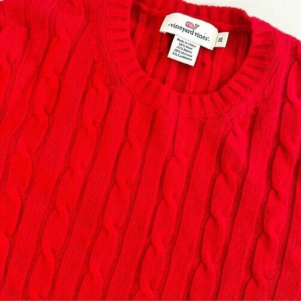 Vineyard Vines Cable Knit Wool Cashmere Sweater Womens XS Red Long Sleeve Preppy - Image 2