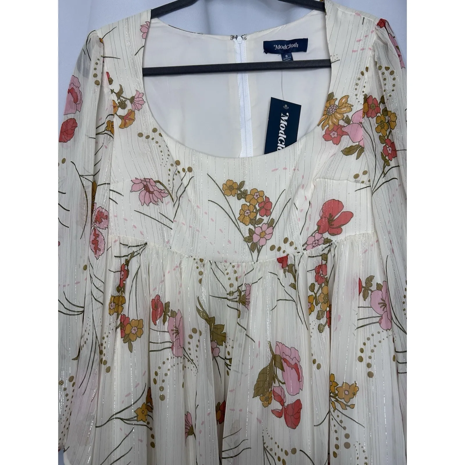 Modcloth Sweet Sixties Sz 8 Baby Doll Dress Bell Sleeves Cream Silver Boho NWT - Image 2