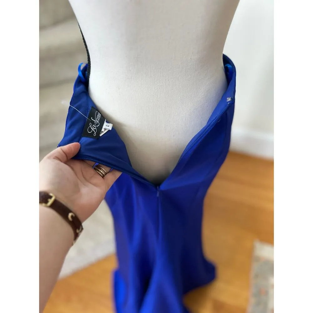 NWT La Femme Cobalt Royal Blue Two Piece Crop Top & Skirt Prom Gown - Image 12