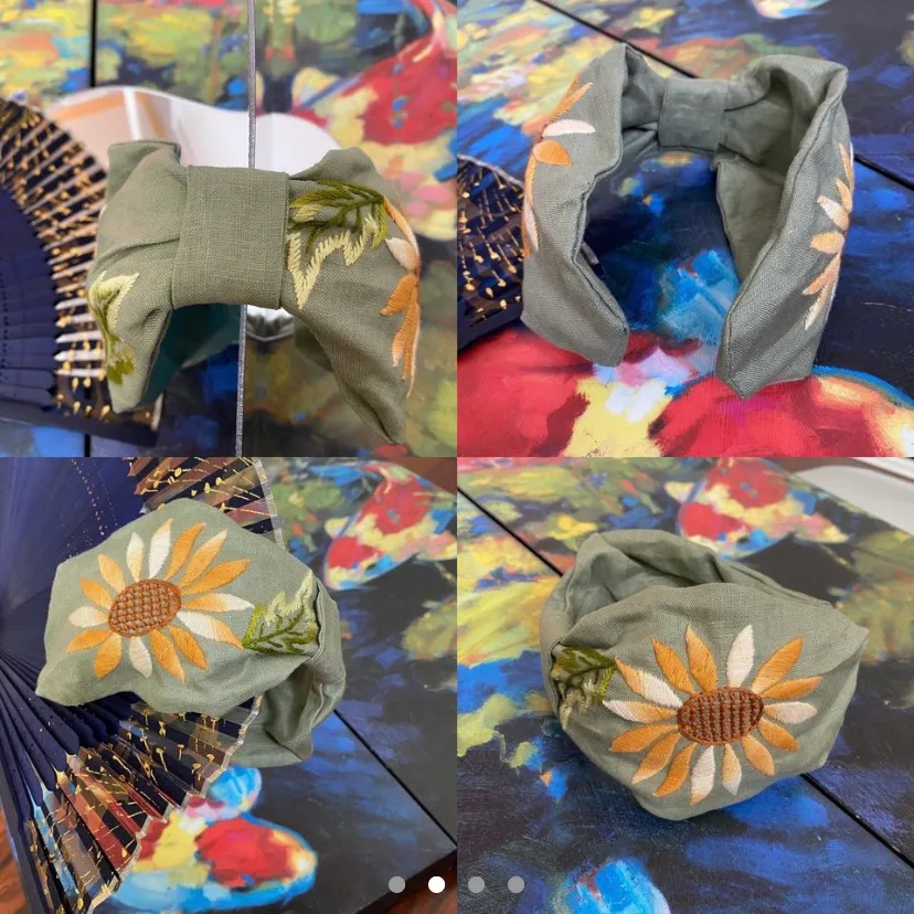 Green Bow Headband with Sunflower Embroidery - Image 3